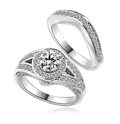 Wedding Set - 1.0 Ct. Round Brilliant Diamond Essence in center with Melee set in intervening design on either side and Wedding band with delicately set Melee. 2.35 Cts. T.W. in 14K White Gold.