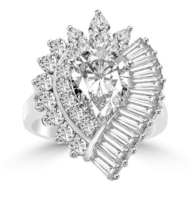 Prong Set Cocktail Ring with Artificial Pear and Marquise Cut Diamonds, Baguettes and Round Brilliant Melee by Diamond Essence set in 14K Solid White Gold