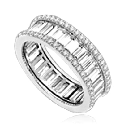 Magnificent Eternity Band with Diamond Essence Baguettes all around, outlined with Diamond Essence melee in delicate prong setting of 14K Solid White Gold. 4.5 Cts. T.W.