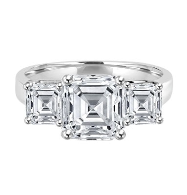 Three Stone Ring - 3.0 Carat Asscher Cut Diamond Essence Stone in the center and 0.5 carats Asscher Cut Diamond Essence stones on each side.4.0 cts. t.w.
​