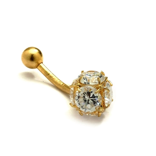 Diamond Essence 14K Solid Gold Belly Button Ring with 3.0 Cts.T.W. Round Brilliant Stones And Screw On Gold Ball.