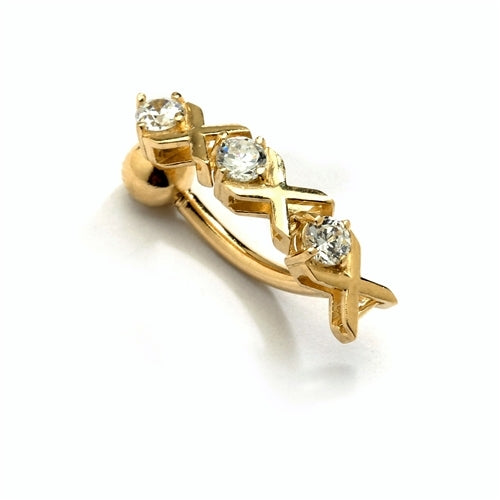 Diamond Essence 14K Solid Gold Belly Button Ring, with 0.45 Ct.T.W. Round Melee set between Gold Cross  Bars.