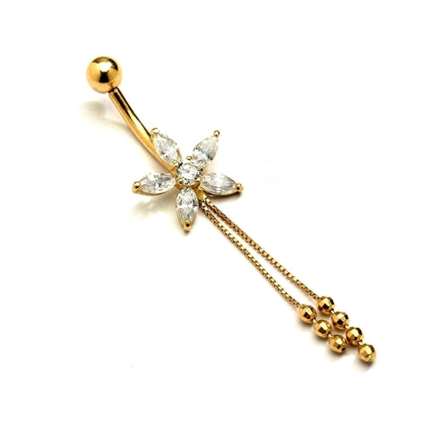 Diamond Essence Designer 14K Solid Yellow Gold Belly Button Ring, with Marquise Floral Arrangement And Delicate Gold Hanging Chain with Screw On Ball.