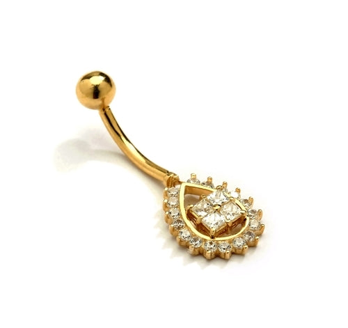 Diamond Essence Designer 14K Solid Gold Belly Button Ring  with 0.50 Ct.T.W. Round Melee Set in Pear Shape And Screw on Gold Ball