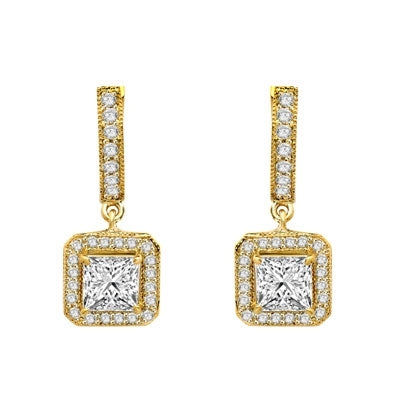 Designer Hoop Earrings with Princess Diamond Essence centerpiece, surrounded by Round Brilliant Melee. 2.25 Cts. T.W. set in 14K solid Yellow Gold.