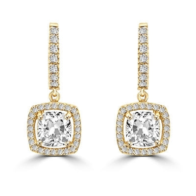 Diamond Essence Leverback Earrings with 1.0 ct. Cushion cut Round Brilliant Melee, 2.50 cts.t.w. in 14K Solid Gold.