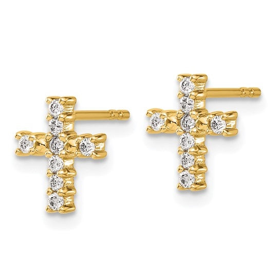 Cross Earrings with Round Brilliant Diamonds Set in 14K Solid Yellow Gold