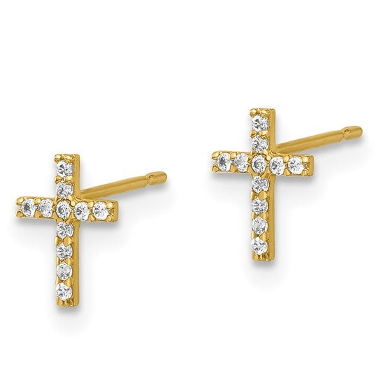 Prong Set Round Brilliant Diamond Essence stones set in 14K Solid Gold Cross Earrings