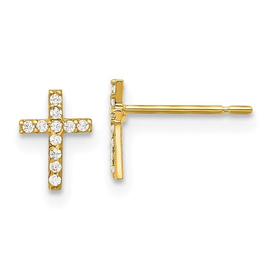 Prong Set Round Brilliant Diamond Essence stones set in 14K Solid Gold Cross Earrings