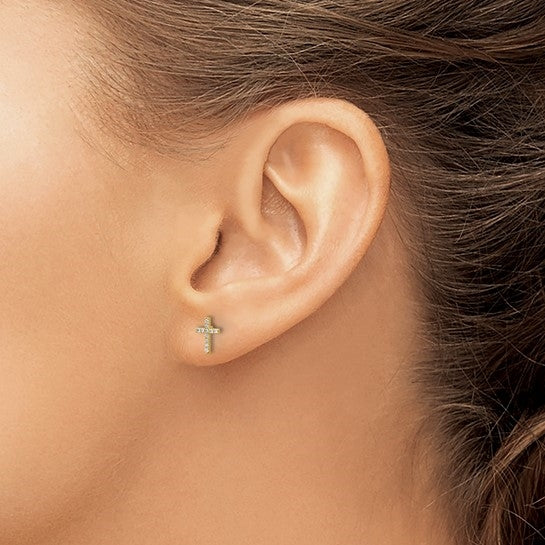 Prong Set Round Brilliant Diamond Essence stones set in 14K Solid Gold Cross Earrings