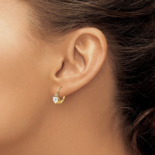 Leverback Gold Earrings with Heart and Round Stone