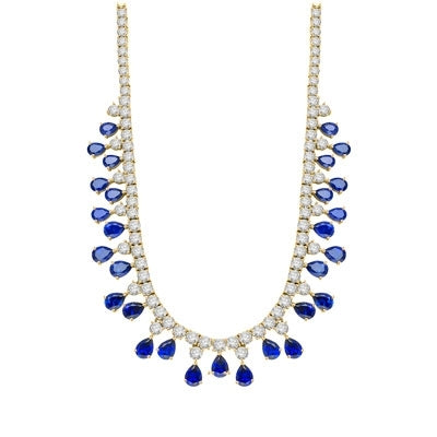 Diamond Essence dazzling Necklace, 16" long just perfect for any Occassion. 1.0 Ct. each Sapphire Essence stone dangling from Round Brilliant Diamond Essence stone. Appx. 75.0 Cts.T.W. set in 14K Solid Yellow Gold.