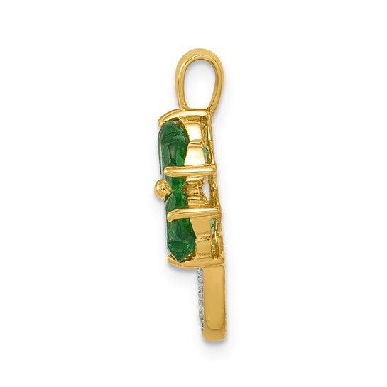 Prong Set Leaf Clover Pendant with Lab Created Emerald Heart and Diamonds Set iN 14K Solid Gold