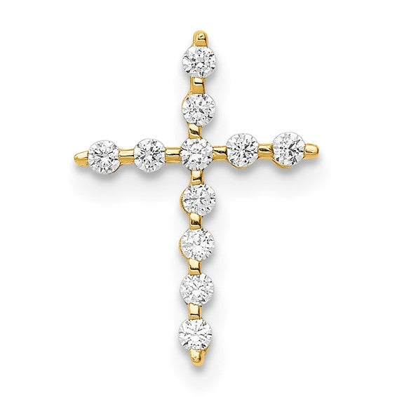 Prong Set Delicate Cross Pendant with Diamond Essence Round Stones Set in 14K Solid Yellow Gold