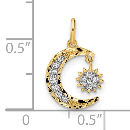 Prong Set Diamond Essence Round Melee in Diamond Cut Designer Moon & Star Pendant Set In 14K Yellow Gold