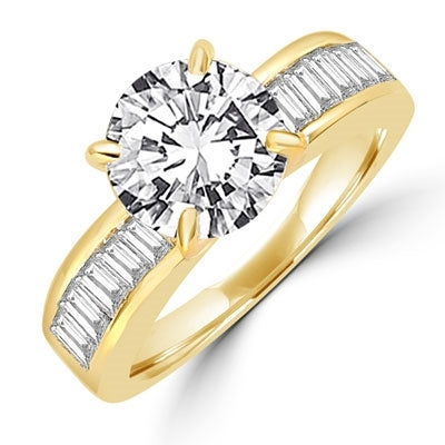Prong Set Engagement Ring with Artificial Round Brilliant Stone and Channel set Baguette Diamonds By Diamond Essence set in 14K Solid Yellow Gold