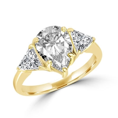 Duse - Ring with Pear Cut Center Stone flanked by Brilliant Trilliant Cut Diamond Essence accents, 3.0 Cts. T.W, in 14K Solid Gold.