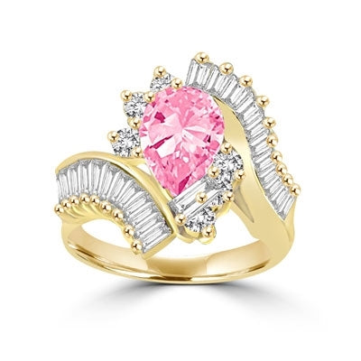 Ring  pink pear cut stone,melees,curved shank,baguettes