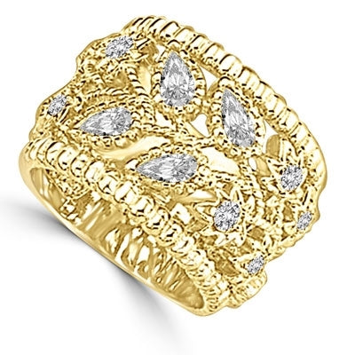Ring  pear cut and round cut stone set in cut work fashion