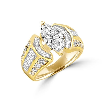 Ring  2 ct marquise cut center, baguettes and melee on sides