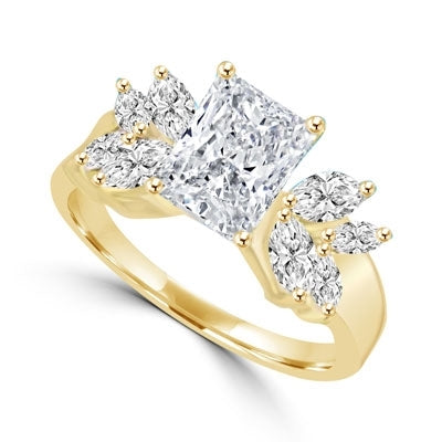 Apassionata - Unusualluy stylish Ring with 1.5 Cts. Radiant Emerald Diamond Essence center and Marquise accents, 3 Cts. T.W, in 14K Solid Gold.