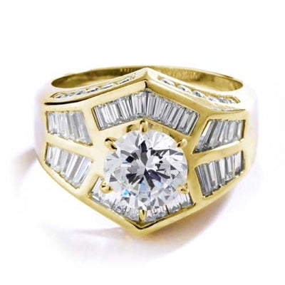 Classic cocktail ring, with 2 carat center stone in six pongs setting. Channel set baguettes set artistically, and round melee on band makes it perfect party wear. 4.5 ct.t.w. in 14k Solid Yellow Gold.