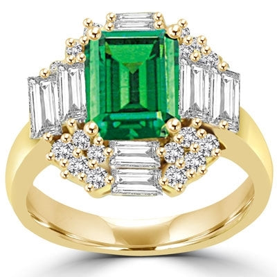Ring  emerald cut emerald stone, baguettes on 4 sides