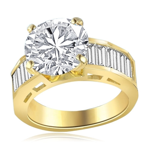 The ring to give, the ring to own, is this fiery Diamond Essence 6.0 cts. Solitaire set in Platinum plated on sterling silver on a wide band of baguettes. Simply perfect. 6.75 cts.tw. in 14K Solid Gold.
