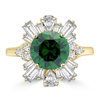 ring with emerald diamond and petal baguettes and teardrop masterpieces