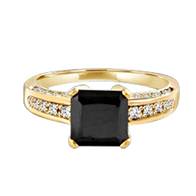 Diamond Essence designer ring with 3.0 ct Princess Cut Onyx Essence center surrounded by Round stones, 3.5 cts. T.W. set in 14K Solid Yellow Gold.