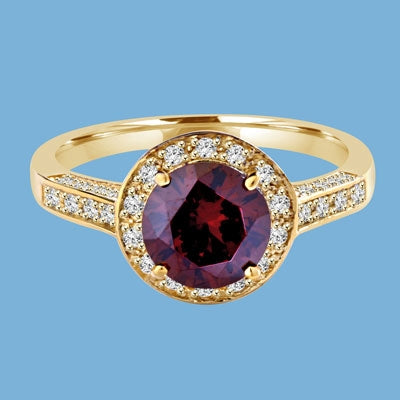 Diamond Essence Designer ring with 2.0 ct. Round Chocolate stone in center, surrounded by round stones, 2.5 cts. T.W. set in 14K Solid Yellow Gold.