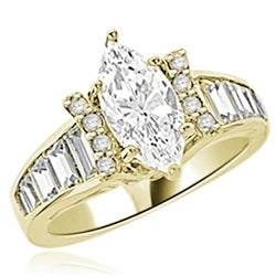 Diamond Essence Designer Ring With Marquise cut Diamond Essence, 1.50 Cts set in six prongs and Diamond Essence Melee on two sides on curved bars,The band is enhanced with Diamond Essence baguettes, 3.50 Cts.T.W. in 14K Yellow Gold.