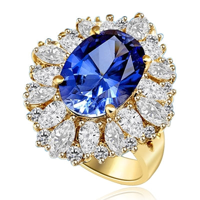 Medley Magic - Artistically set mixture of Marquise cut, Pear cut and Round cut Diamond Essences around 6.0 Cts. Oval cut Sapphire Essence in center. Perfect for Party. 10.0 Cts T.W. set in 14K Solid Yellow Gold.