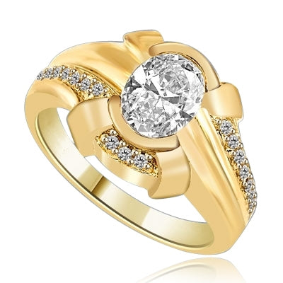 1.25 Cts. Chanel set Oval cut Diamond Essence in center with Melee on top and bottom flowing down on band, 1.50 Cts. T.W. set in 14K Solid Yellow Gold.