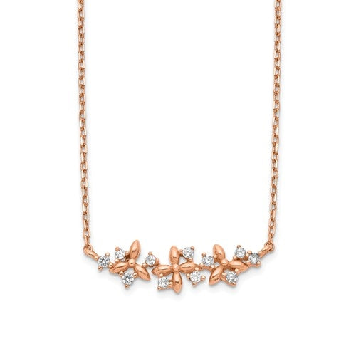 14K Rose Gold Necklace with delicate floral design. 1.0 Ct.t.w. Round Brilliant stones set in three prongs setting. Chain length 15" with 1" extension.