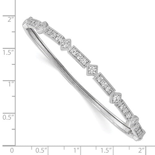 A prong set hinged bangle bracelet for women with lab-made 25 round brilliant diamonds by Diamond Essence set in platinum plated sterling silver