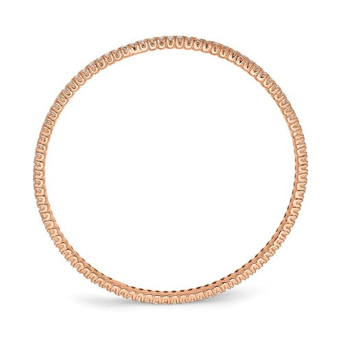 An alluring prong-set slip-on bangle bracelet for women with simulated round brilliant Diamonds by Diamond Essence set in rose  plated sterling silver. 4.65 Cts.t.w.