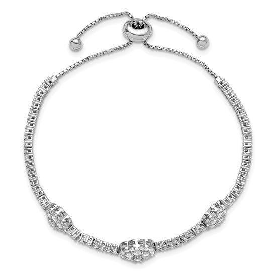 A majestic looking designer adjustable bracelet in a prong setting with artificial round brilliant diamonds by Diamond Essence set in platinum plated sterling silver. Total 133 stones.