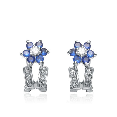 Platinum Plated Sterling Silver Clip On Earrings with Sapphire Essence Floral Design, 1.20 Cts.T.W.