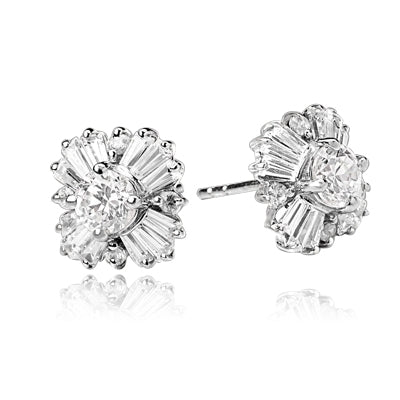 Magnificent star bright Earrings with Round Brilliant Diamond Essence and Baguettes Masterpieces,1.25 Cts.T.W. in Platinum Plated Sterling Silver.