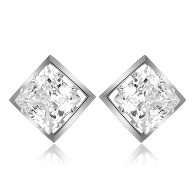 Classic square studs of Diamond Essence  princess cut stones, 2.0 ct. each set in Platinum Plated Sterling Silver, 4.0 cts.t.w.