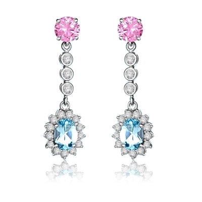 A beautiful designer dangling. 1.5 ct. oval Blue Topaz essence surrounded by round brilliant melee,  and 1 ct. round Pink Essence are connected by bezel set round stones. 6 cts.t.w. in Platinum Plated Sterling Silver.