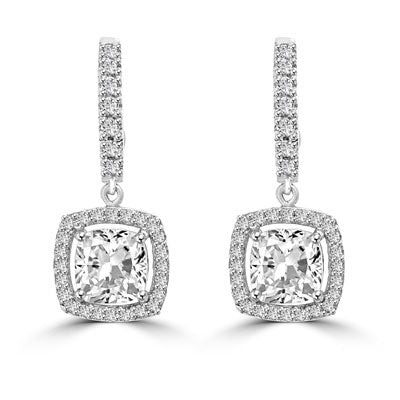 Diamond Essence Leverback Earrings with 1.0 ct. Cushion cut Round Brilliant Melee, 2.50 cts.t.w. in Platinum Plated Sterling Silver.