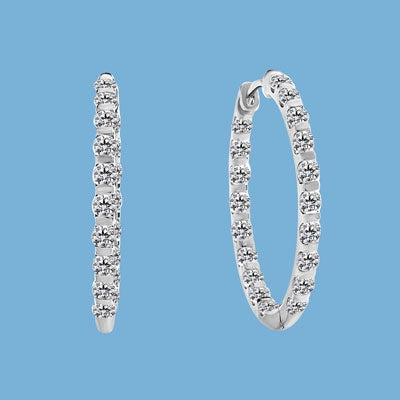 Large Inside Out Hoop Earring Set in Platinum Plated Sterling Silver displaying an exquisitely channel press set array of Diamond Essence Melee Glittering at 3 Cts. T.W. 1.5 Inch Diameter.