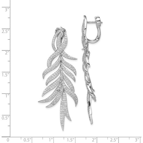 Leaf Designer Dangle Earrings with Simulated Round Brilliant Melee Diamonds by Diamond Essence set in Sterling Silver