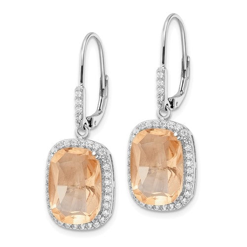 Diamond Essence Drop Lever Back Earrings With Cushion Cut Morganite Escorted By Melee And Melee On The Bail Enhance the Beauty, 6.5 Cts.T.W. In platinum Plating Over Sterling Silver.