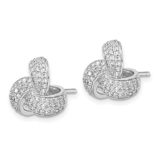 Pave Set Round Brilliant Diamond Essence Melee Love Knot Earrings In Sterling Silver