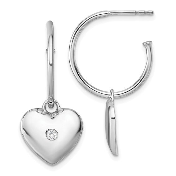 Pave Set Heart Post C-Hoop Earrings with Diamond Essence Melee in Platium Plated Sterling Silver