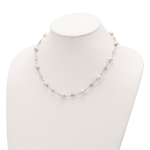 A stunning bezel-set necklace for women with 12 simulated pearls and 11 artificial round brilliant Diamonds  by Diamond Essence set in platinum plated sterling silver. 2.75 Cts.t.w. 7.86 mm width