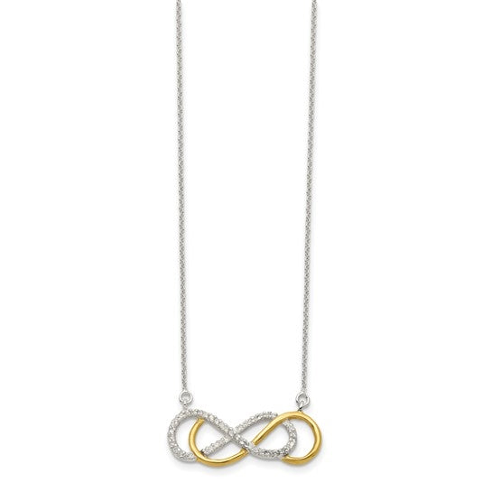Prong set Infinity Necklace with Round Brilliant Diamond Essence stones in Platinum Plated Sterling Silver